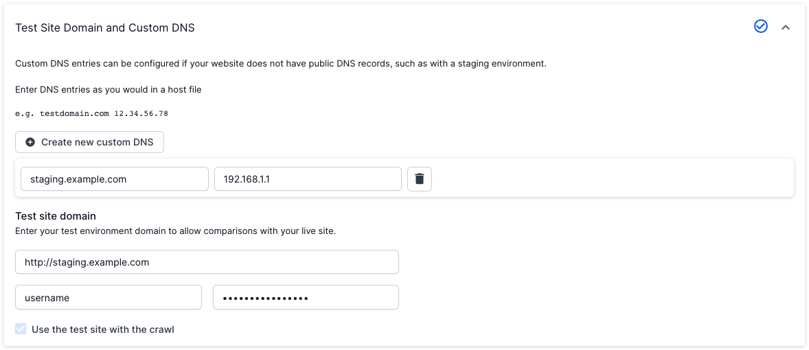 Compare a test website to a live site in Deepcrawl - Sites without public DNS records