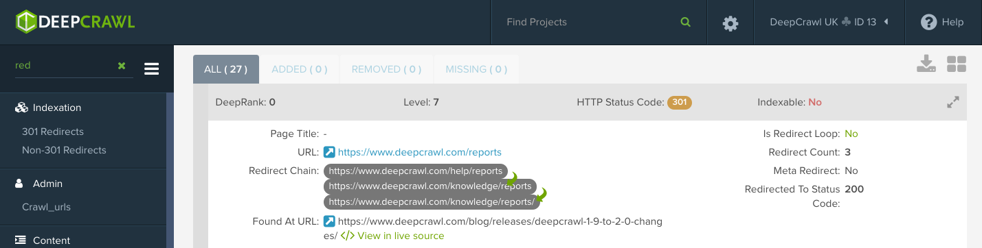 DeepCrawl Redirect Chain