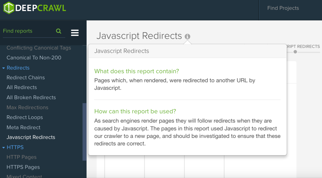 DeepCrawl JavaScript Redirects report