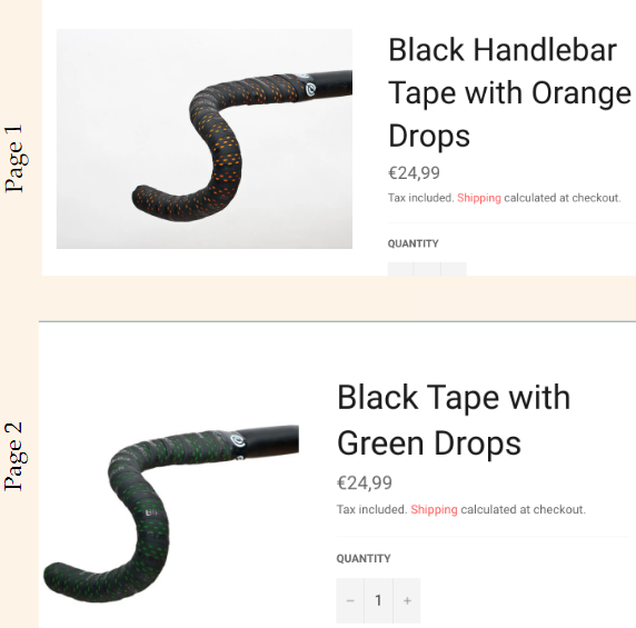 screenshot showing two different product pages for handlebar tape with minimal colour variation