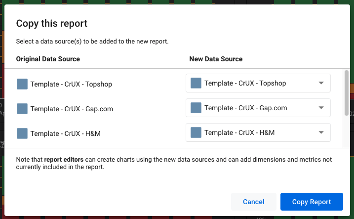 select data sources for the copy of the report