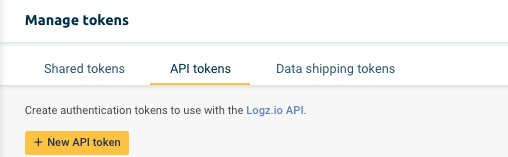 Logz.io menu for integration with Deepcrawl - Manage API tokens