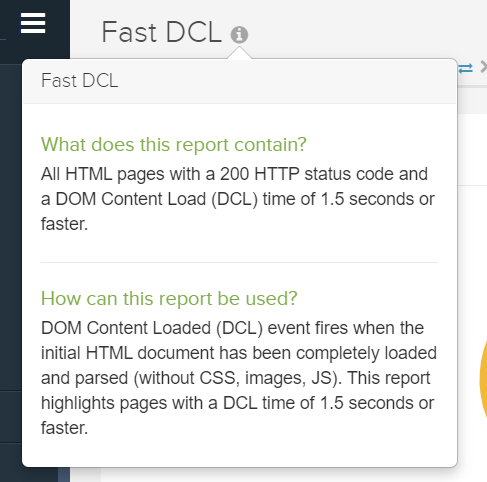 Example of Fast DOM Content Load or DCL time report in Deepcrawl